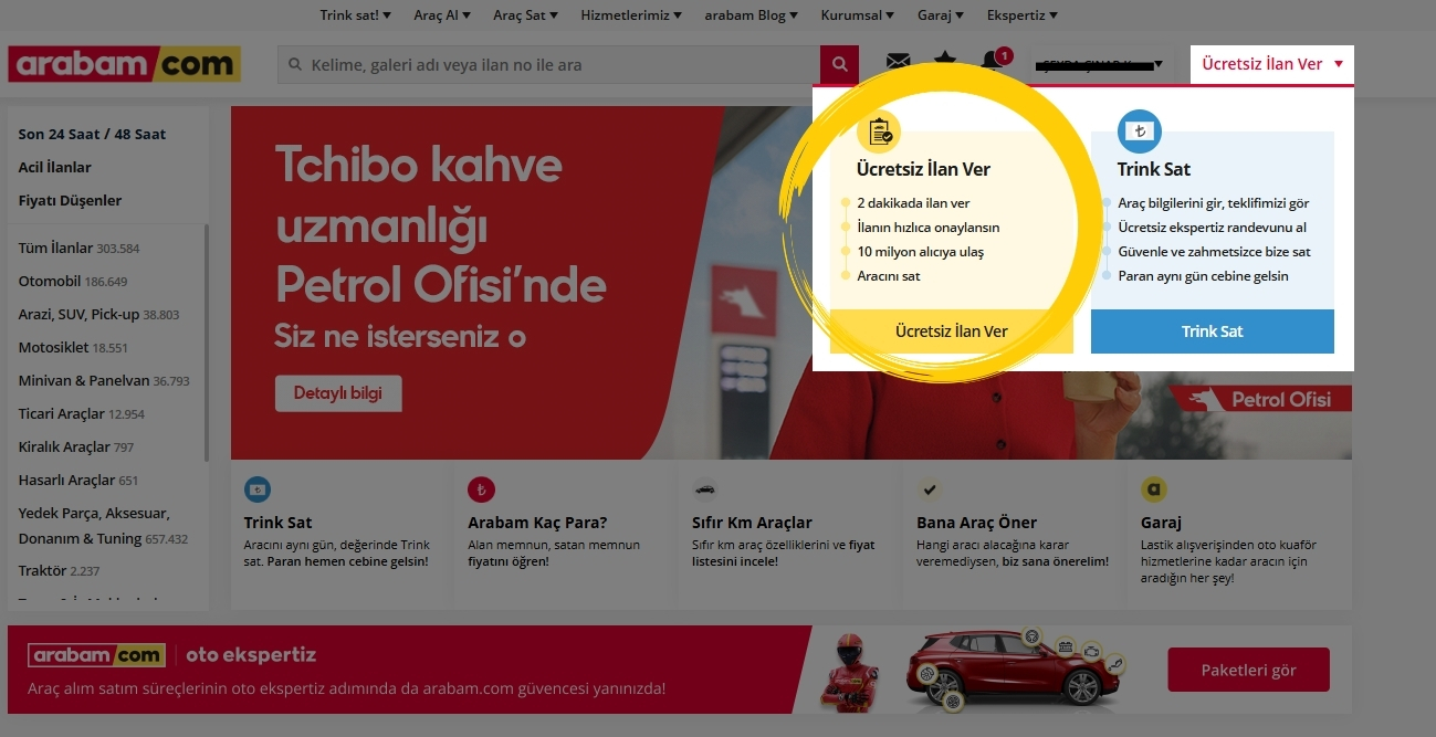 arabam.com ücretsiz ilan ver